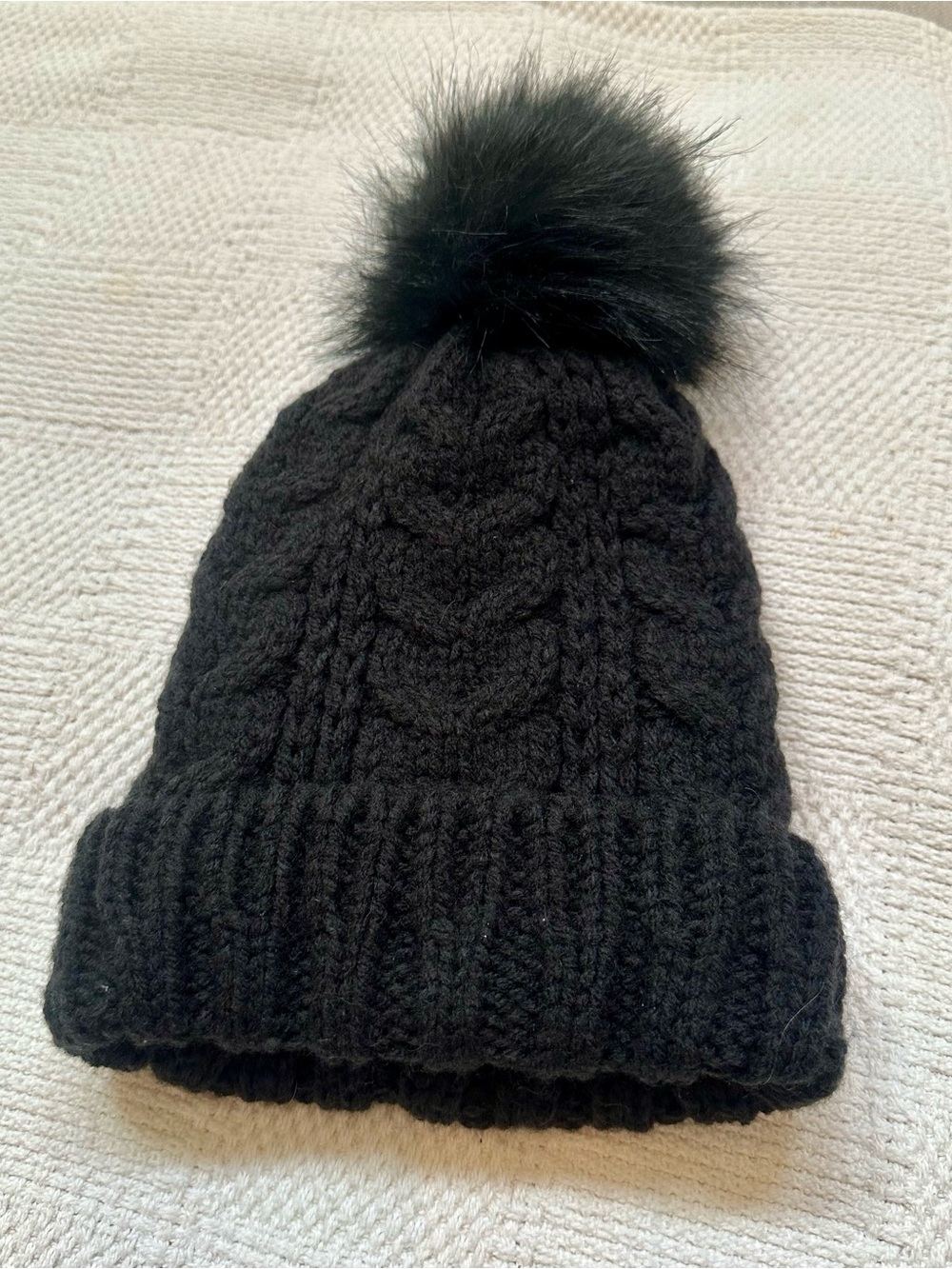 Time and Tru Black Cable Knit Pom-Pom Beanie